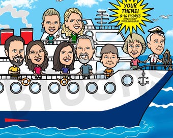 Custom Caricature Portrait 8-16ppl Personalized Group Cartoon Drawing, Digital Illustration from Photo for Family Vacation Cruise Birthday