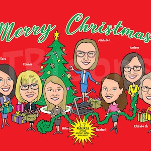 Tarjeta navideña con caricatura para 3-7 personas | Dibujo personalizado de retrato de grupo a partir de una foto | Ilustración personalizada para la familia y la empresa | Regalo