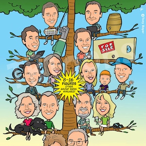 8-16 ppl aangepaste karikatuur portrettekening / Gepersonaliseerde digitale grote groep cartoonillustratie van foto / familie vriend kerstcadeau