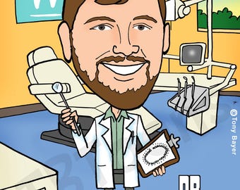 Custom Dentist Caricature from Photo, Dental Hygienist or Oral Surgeon Gift, Personalized Cartoon Portrait, Office Coworker Retirement