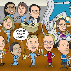 K&ouml;nnte beinhalten: Eine Cartoon-Illustration einer Gruppe von Menschen in einem medizinischen Umfeld. Die Menschen l&auml;cheln alle und scheinen gl&uuml;cklich zu sein. Der Text "PLEASE DON'T LEAVE!" ist in einer Sprechblase geschrieben.