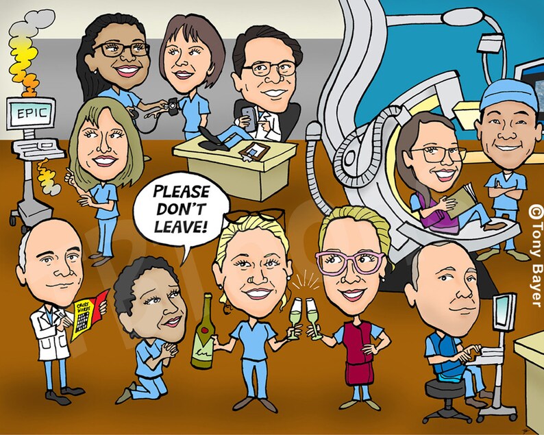 K&ouml;nnte beinhalten: Eine Cartoon-Illustration einer Gruppe von Menschen in einem medizinischen Umfeld. Die Menschen l&auml;cheln alle und scheinen gl&uuml;cklich zu sein. Der Text "PLEASE DON'T LEAVE!" ist in einer Sprechblase geschrieben.