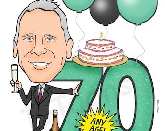 Custom Birthday Caricature, Personalized Milestone Birthday Balloon Cartoon Portrait, Any Age, 70th 18th 21st 30th 40th 50th 60th 80th, Etc.