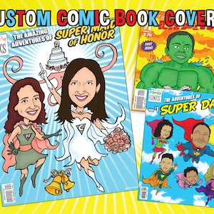 Kundenspezifisches Comic Buch Cover / Superhelden Cartoon Karikatur Zeichnung vom Foto / Digital personalisierte Fantasy Illustration Auftragsarbeit Geschenkidee