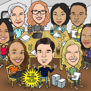 8-16ppl Business Caricature Portrait Drawing / Personalized Digital Group Cartoon Illustration from Photo / Custom Retirement Company Gift