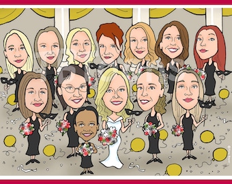 Groomsmen & Bridesmaid Caricature, WEDDING Bachelor Party Group Cartoon Portrait (8-16 ppl), Custom Drawing, Personalized Groomsman Artwork