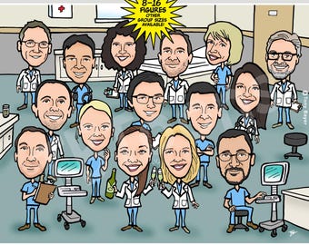 Doctor Nurse Group Caricature Portrait Drawing From Photo (8-16ppl) Custom Personalized Cartoon Digital Illustration Coworker Retirement
