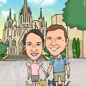K&ouml;nnte beinhalten: Eine Cartoon-Illustration eines Paares, das vor einer Kirche mit zwei Katzen steht. Die Frau tr&auml;gt ein rosa Hemd und eine Khaki-Shorts. Der Mann tr&auml;gt ein blaues Hemd und eine Khaki-Shorts. Die Katzen sind eine orange und eine schwarz-wei&szlig;.