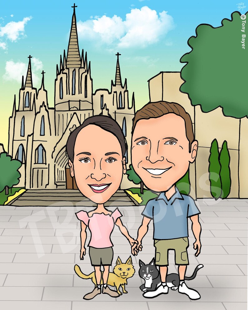 K&ouml;nnte beinhalten: Eine Cartoon-Illustration eines Paares, das vor einer Kirche mit zwei Katzen steht. Die Frau tr&auml;gt ein rosa Hemd und eine Khaki-Shorts. Der Mann tr&auml;gt ein blaues Hemd und eine Khaki-Shorts. Die Katzen sind eine orange und eine schwarz-wei&szlig;.