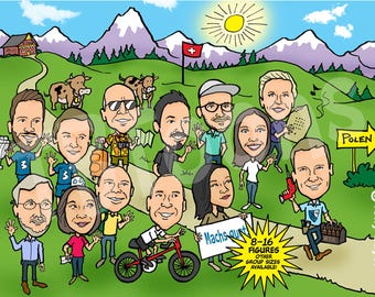 8-16ppl Custom Business Caricature Portrait Drawing Personalized Digital Cartoon Group Illustration Company Corporate Retirement Card Gift