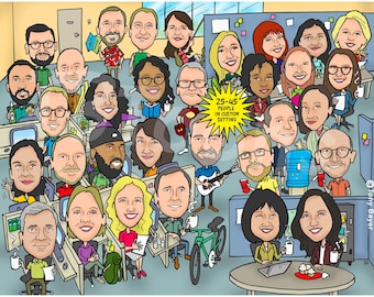 Large Group Caricature (25–45 People) Funny Cartoon Office Leaving or Retirement Drawing, Custom Team, Class or Family Portrait Illustration