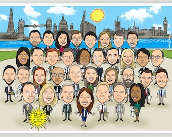Large Group Caricature (25–45 People) Funny Cartoon Office Leaving or Retirement Drawing, Custom Team, Class or Family Portrait Illustration