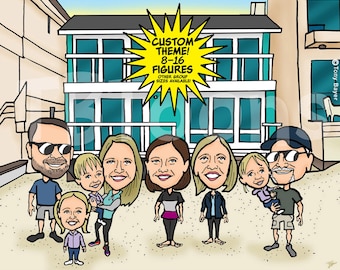Custom Caricature Portrait 8-16ppl Personalized Group Cartoon Drawing, Digital Illustration from Photo for Family Friend Birthday Retirement