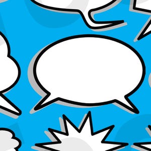 May include: A blue background with white speech bubbles of various shapes and sizes. The speech bubbles are outlined in black and gray.