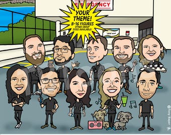 Doctor Nurse Group Caricature Portrait Drawing From Photo (8-16ppl) Custom Personalized Cartoon Digital Illustration Coworker Retirement