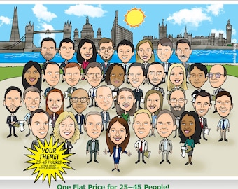Large Group Caricature (25–45 People) Funny Cartoon Office Leaving or Retirement Drawing, Custom Team, Class or Family Portrait Illustration
