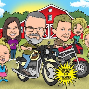 3-7ppl Family Caricature Portrait with Custom Background Cartoon Drawing from Photo  Personalized Group Illustration Birthday Reunion Gift