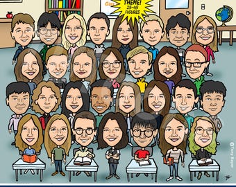 TEACHER CLASS Caricature (25–45 People) Classroom Portrait, End of Year Teacher or Student Gift, Large Group Cartoon Illustration
