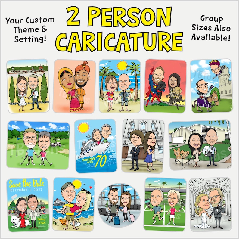 Funny two person couple caricature examples in various themes and settings