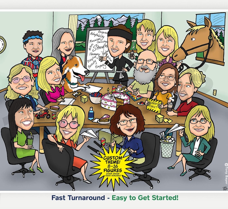 funny cartoon caricature portrait drawing of group of business coworkers and boss in office