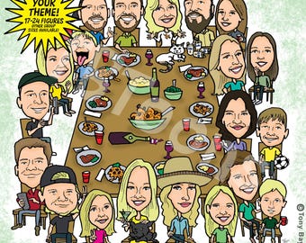 Group Caricature Portrait, 17-24 People, Custom Digital Family Friends Coworkers Cartoon Illustration for Party or Special Occasion