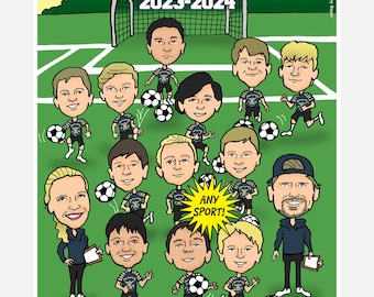 Sports Team Caricature Portrait Drawing From Photo, Custom Digital Personalized Cartoon Illustration of Athlete Coach (10-20 People)