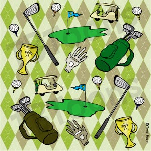 Golf Cartoon Clip Art & Collage Sheets Piłki Kije Wózki Trofeum Argyle 20 Wydrukowalne Obrazy