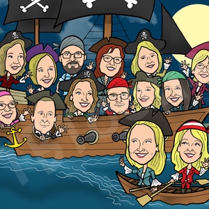 K&ouml;nnte beinhalten: Eine Cartoon-Illustration einer Gruppe von Menschen, die als Piraten auf einem Schiff verkleidet sind. Das Schiff segelt auf einem dunkelblauen Meer mit einem Vollmond im Hintergrund. Die Piraten l&auml;cheln und winken.
