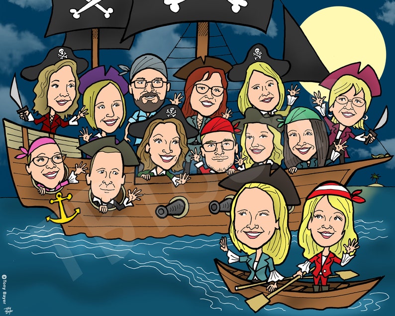 K&ouml;nnte beinhalten: Eine Cartoon-Illustration einer Gruppe von Menschen, die als Piraten auf einem Schiff verkleidet sind. Das Schiff segelt auf einem dunkelblauen Meer mit einem Vollmond im Hintergrund. Die Piraten l&auml;cheln und winken.