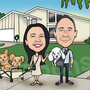 K&ouml;nnte beinhalten: Eine Cartoon-Illustration eines Paares, das mit seinen Hunden vor einem Haus spazieren geht. Die Frau schiebt einen Kinderwagen mit zwei kleinen Hunden darin. Der Mann tr&auml;gt einen kleinen wei&szlig;en Hund in einer Trageschlinge. Das Haus ist hellgelb mit einem gr&uuml;nen Rasen.