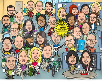 Large Group Caricature (25–45 People) Funny Cartoon Office Leaving or Retirement Drawing, Custom Team, Class or Family Portrait Illustration