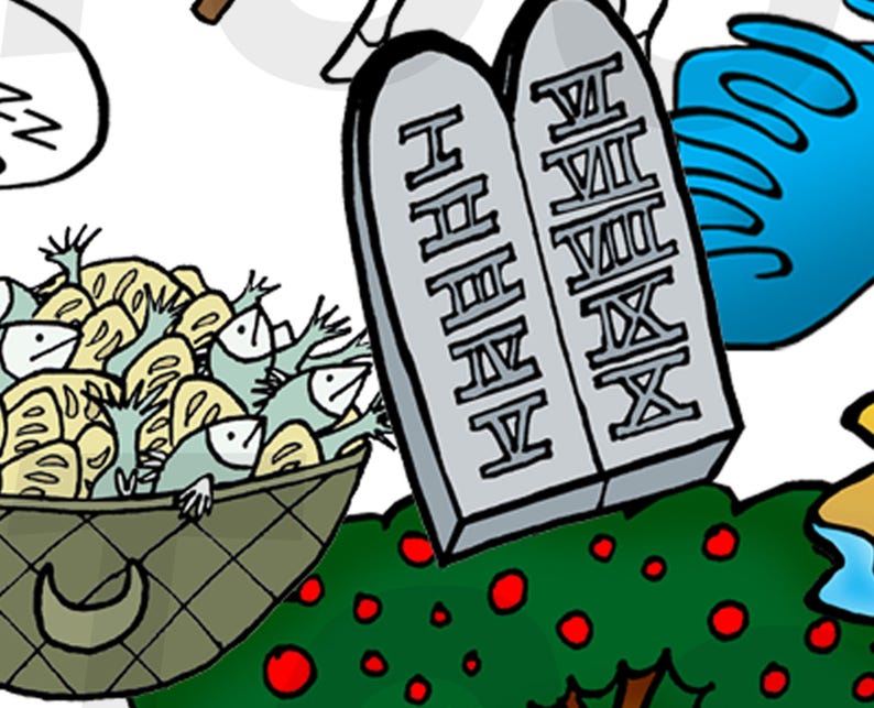 May include: A cartoon illustration of a basket full of fish, a tree with red apples, and two stone tablets with Roman numerals I through X. The tablets are labeled with the text "I, II, III, IV, V, VI, VII, VIII, IX, X".