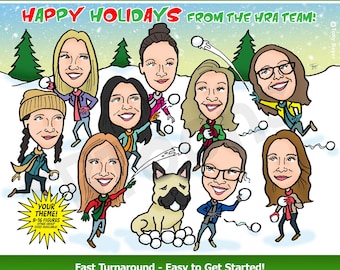8-16ppl Christmas Caricature Corporate / Family Holiday Card Custom Portrait Cartoon Group Drawing From Photo Personalized Illustration Gift