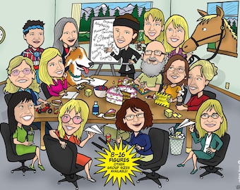 8-16ppl Custom Caricature Portrait Drawing From Photo Personalized Cartoon Illustration Group Office Employee Retirement Family Friend Gift