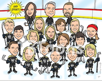 Sports Team Caricature Portrait Drawing From Photo, Custom Digital Personalized Cartoon Illustration of Athletes & Coach (10-20 People)