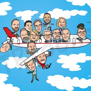K&ouml;nnte beinhalten: Eine Cartoon-Illustration eines wei&szlig;en Flugzeugs mit 12 Personen an Bord. Das Flugzeug fliegt in einem blauen Himmel mit wei&szlig;en Wolken. Die Personen l&auml;cheln alle und winken. Einige sitzen im Flugzeug, w&auml;hrend andere an den Fl&uuml;geln oder am Heck h&auml;ngen.