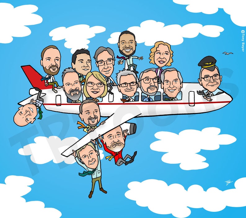 K&ouml;nnte beinhalten: Eine Cartoon-Illustration eines wei&szlig;en Flugzeugs mit 12 Personen an Bord. Das Flugzeug fliegt in einem blauen Himmel mit wei&szlig;en Wolken. Die Personen l&auml;cheln alle und winken. Einige sitzen im Flugzeug, w&auml;hrend andere an den Fl&uuml;geln oder am Heck h&auml;ngen.