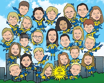 Teacher Class Caricature (25–45 People) Superhero Classroom Portrait, End of Year Teacher or Student Gift, Large Group Cartoon Illustration