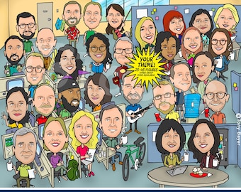 Large GROUP CARICATURE (25–45 People) Funny Cartoon Office Leaving or Retirement Drawing, Custom Team, Class or Family Portrait Illustration