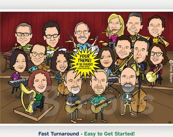 Band Director Gift – Custom Band Caricature (8-16 People) Personalized Musician Cartoon Portrait from Photo, Orchestra or Concert Band Gift