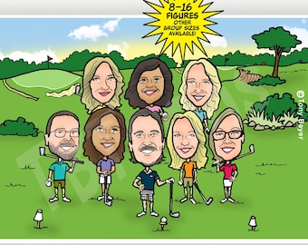 Custom GOLF Group Caricature – 8-16 People, Personalized Team Portrait