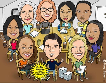 Custom Group Caricature Portrait Drawing (8-16 ppl), Personalized Digital Cartoon Illustration, Friend Family Coworker Birthday Retirement