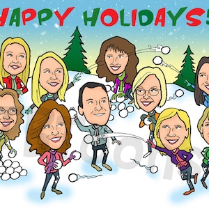 K&ouml;nnte beinhalten: Eine Cartoon-Illustration einer Gruppe von Personen, die sich in einer verschneiten Landschaft Schneeb&auml;lle zuwerfen. Der Text "HAPPY HOLIDAYS!" steht oben im Bild.
