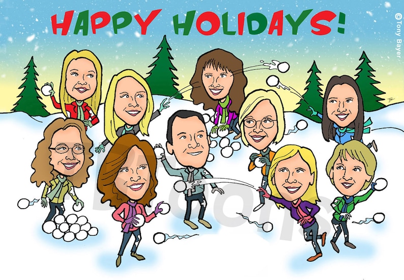 K&ouml;nnte beinhalten: Eine Cartoon-Illustration einer Gruppe von Personen, die sich in einer verschneiten Landschaft Schneeb&auml;lle zuwerfen. Der Text "HAPPY HOLIDAYS!" steht oben im Bild.