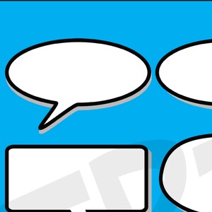 May include: A blue background with three white speech bubbles and a white rectangle. The speech bubbles have black outlines and a shadow effect. The rectangle has a black outline.