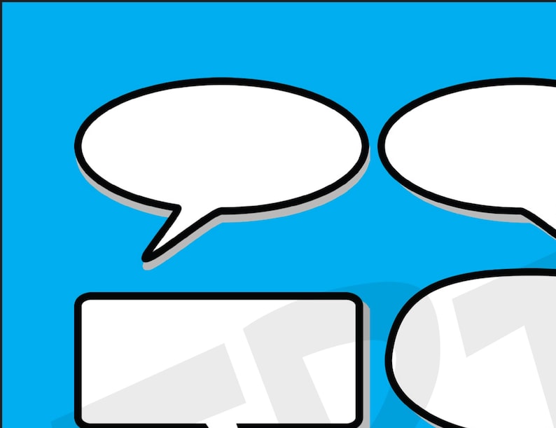 May include: A blue background with three white speech bubbles and a white rectangle. The speech bubbles have black outlines and a shadow effect. The rectangle has a black outline.