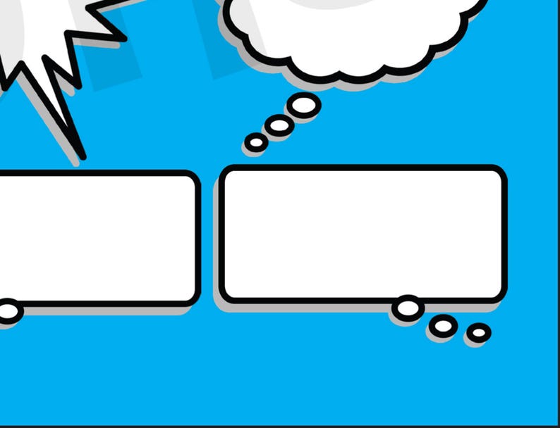 May include: Two blank white speech bubbles with black outlines on a blue background. The speech bubbles have thought bubbles with white circles coming out of them.