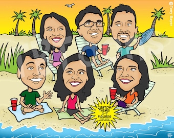Custom Caricature Portrait Drawing of 3-7 People, Personalized Digital Group Cartoon Illustration from Photo for Friend, Family or Coworker