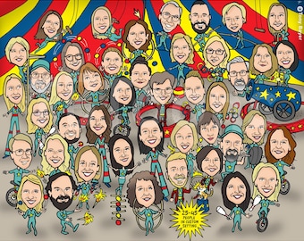 Large Group Caricature (25–45 People) Funny Cartoon Office Leaving or Retirement Drawing, Custom Team, Class or Family Portrait Illustration