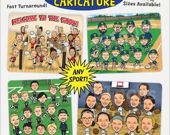 SPORTS Team Caricature Portrait Drawing From Photo, Custom Digital Personalized Cartoon Illustration of Athletes & Coach (10-20 People)